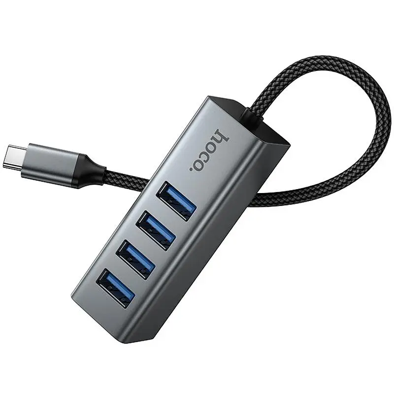 Переходник HUB Hoco HB1C 4-в-1 (Type-C на 4xUSB 3.0) (0,2 м), металлический серый - фото 4