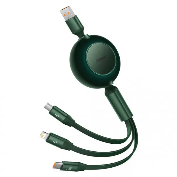 Кабель Baseus Bright Mirror 2 Series Retractable 3-in-1 Cable USB to MicroUSB+Lightning+Type-C 66W 1.1m CAMJ010106 Green - фото 2