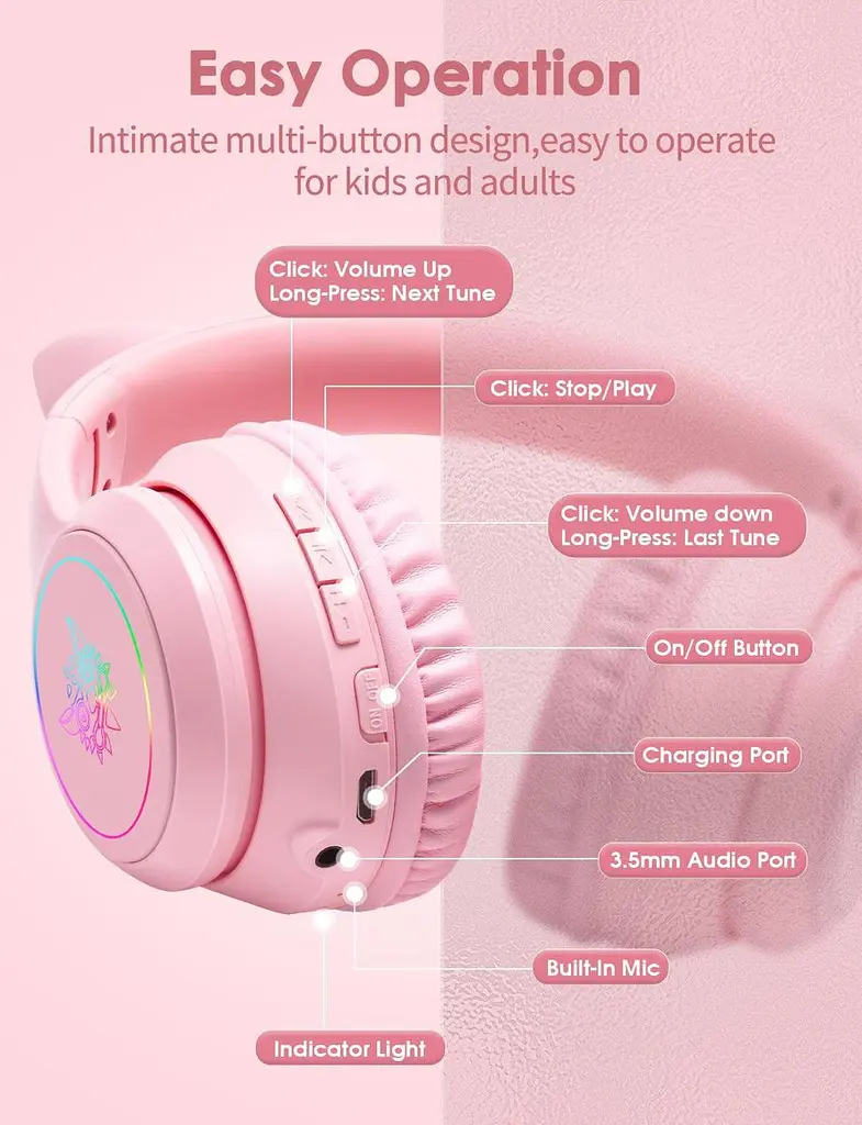 Ігрові Bluetooth навушники Onikuma з котячими вушками, RGB-підсвіткою та мікрофоном рожевий - фото 4