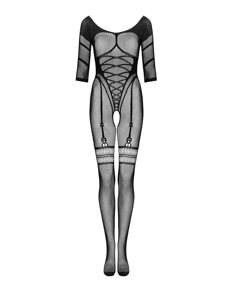 Сітчастий бодістокінг з імітацією підв’язок Obsessive Bodystocking G329 S/M/L, black, з доступом - фото 5
