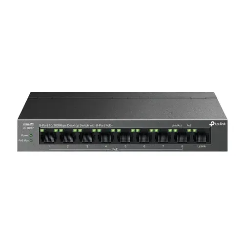 Комутатор TP-Link LiteWave LS109P, Black, 9xRJ45 (1х10/100 Mb/s, 8x10/100 Mb/s PoE+), некерований