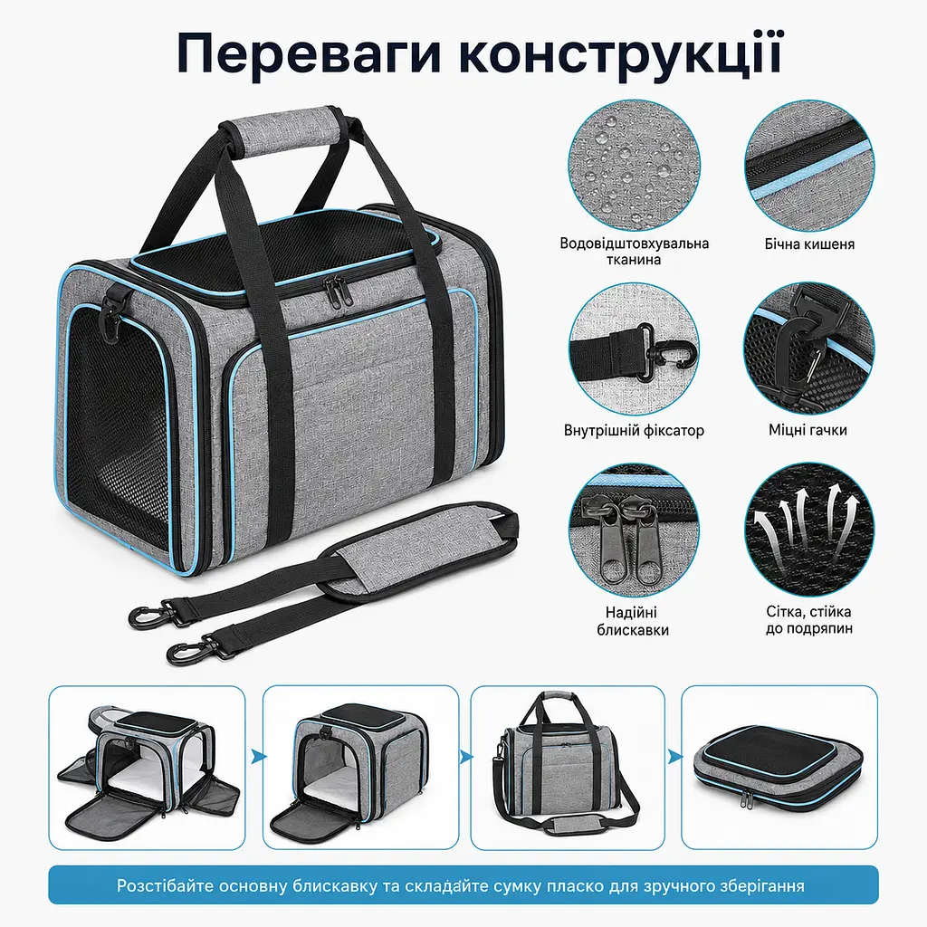 Сумка-переноска BagPet для котів розширювана складна 40×25×25 см, з вентиляційною сіткою та плечовим ременем, до 6 кг - фото 3
