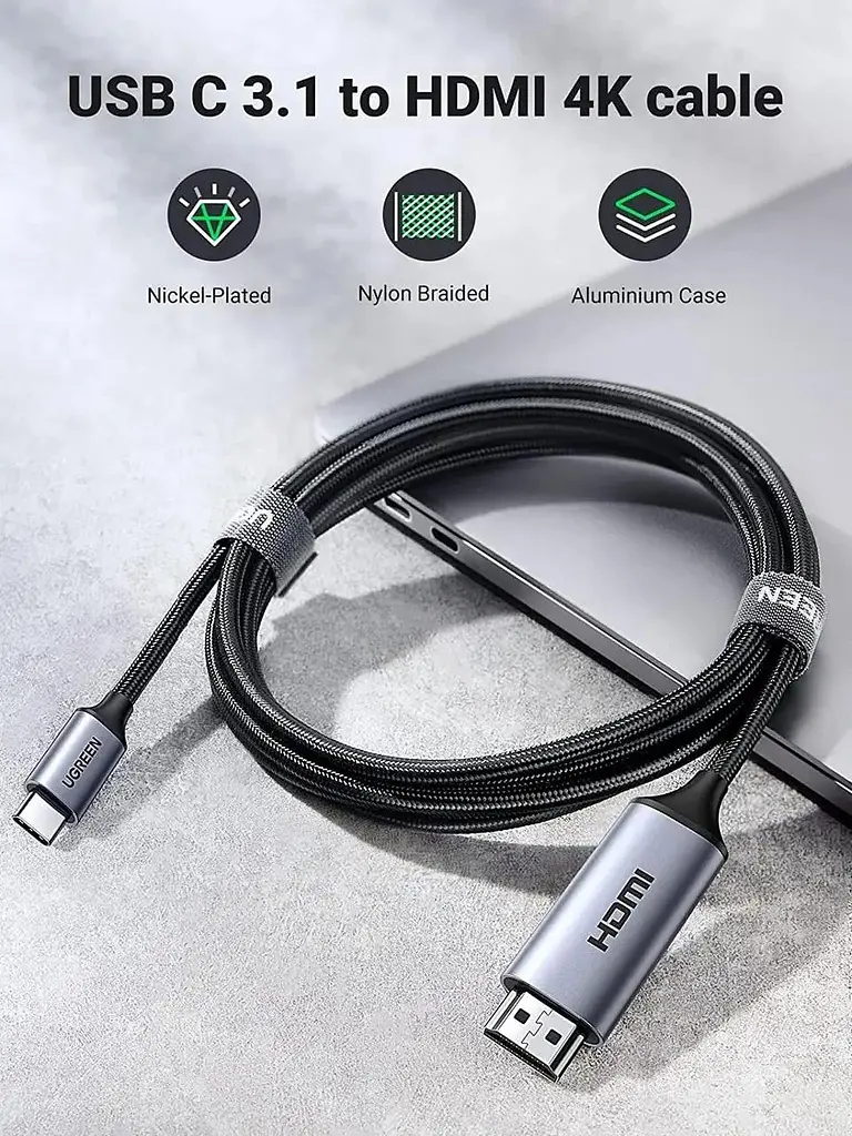 Кабель UGREEN MM 142 USB-C to HDMI Male to Male Cable Aluminum Shell 1.5 m (Gray Black)(UGR-50570) (UGR-50570) - фото 5
