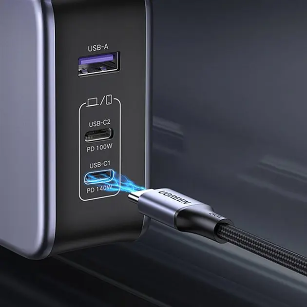 Зарядний комплект блок і кабель 3 порти USB (2хUSB-C+USB-A) Ugreen CD289 140W Gan (90549) - фото 4