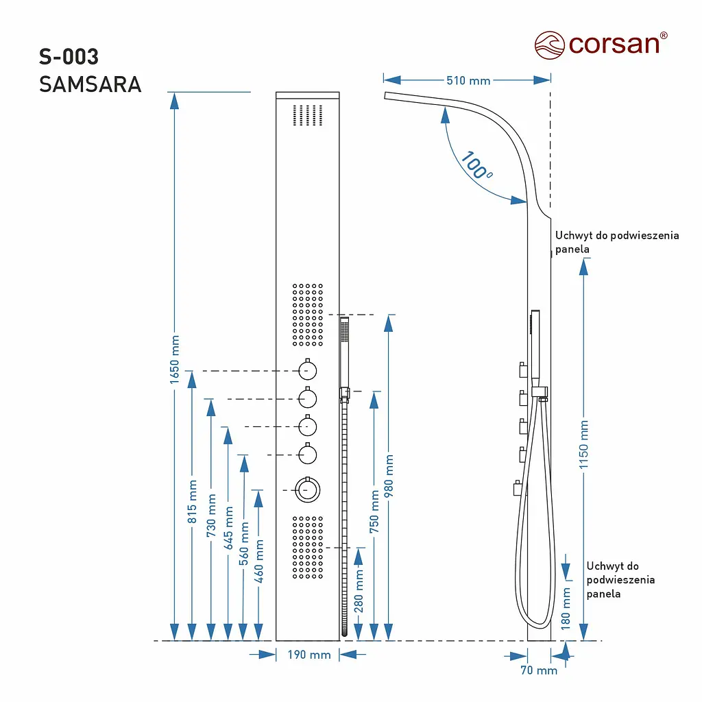 Душова панель Corsan Samsara black з виливом та термостатом S003TBLW, Чорний матовий - фото 6