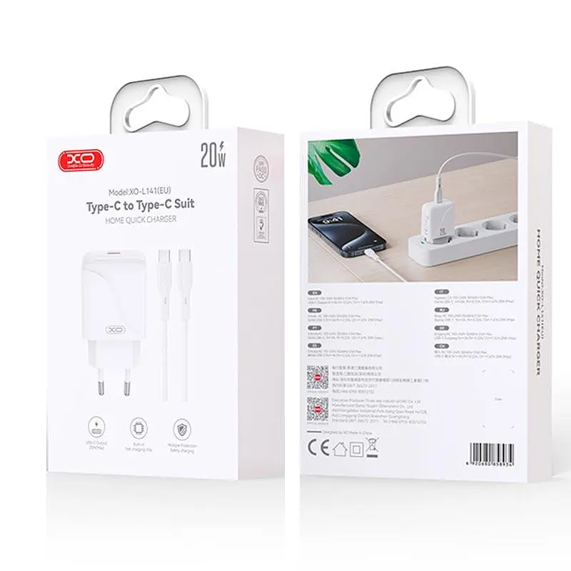 Зарядное устройство - набор блок и кабель XO L141 Type-C to Type-C Single USB-C Fast Charger 20W белый - фото 2