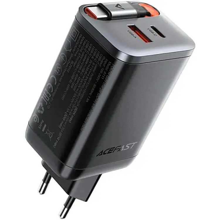 Мережевий зарядний пристрій з кабелем ACEFAST A111 PD67W GaN charger(2*USB-C+USB-A) with retractable cable Black (6974316284062)
