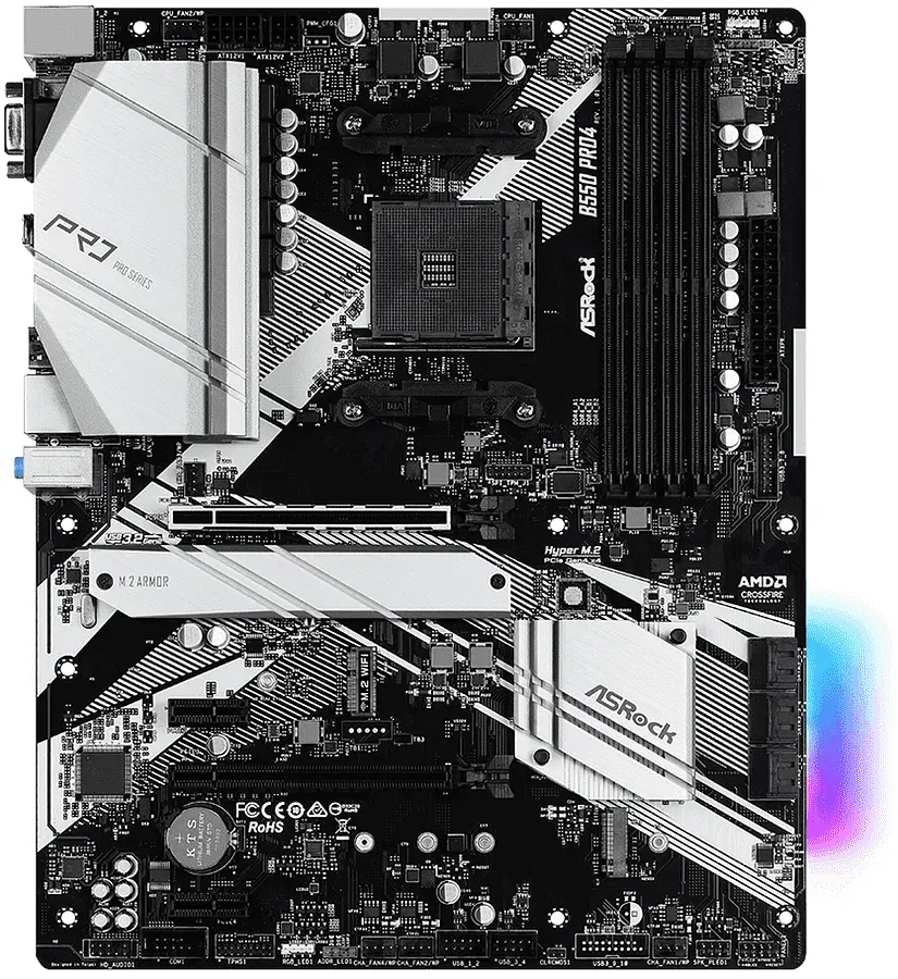 Материнская плата AM4 (B550) ASRock B550 Pro4, B550, 4xDDR4, CrossFireX, Int.Video(CPU), 6xSATA3, 2xM.2, 1xPCI-E 16x 4.0, 1xPCI-E 16x 3.0, 2xPCI-E 1x 3.0, 1xM.2 (Key E), ALC1200, RTL8111H, 8xUSB3.2/4xUSB2.0, VGA/HDMI, ATX - фото 2