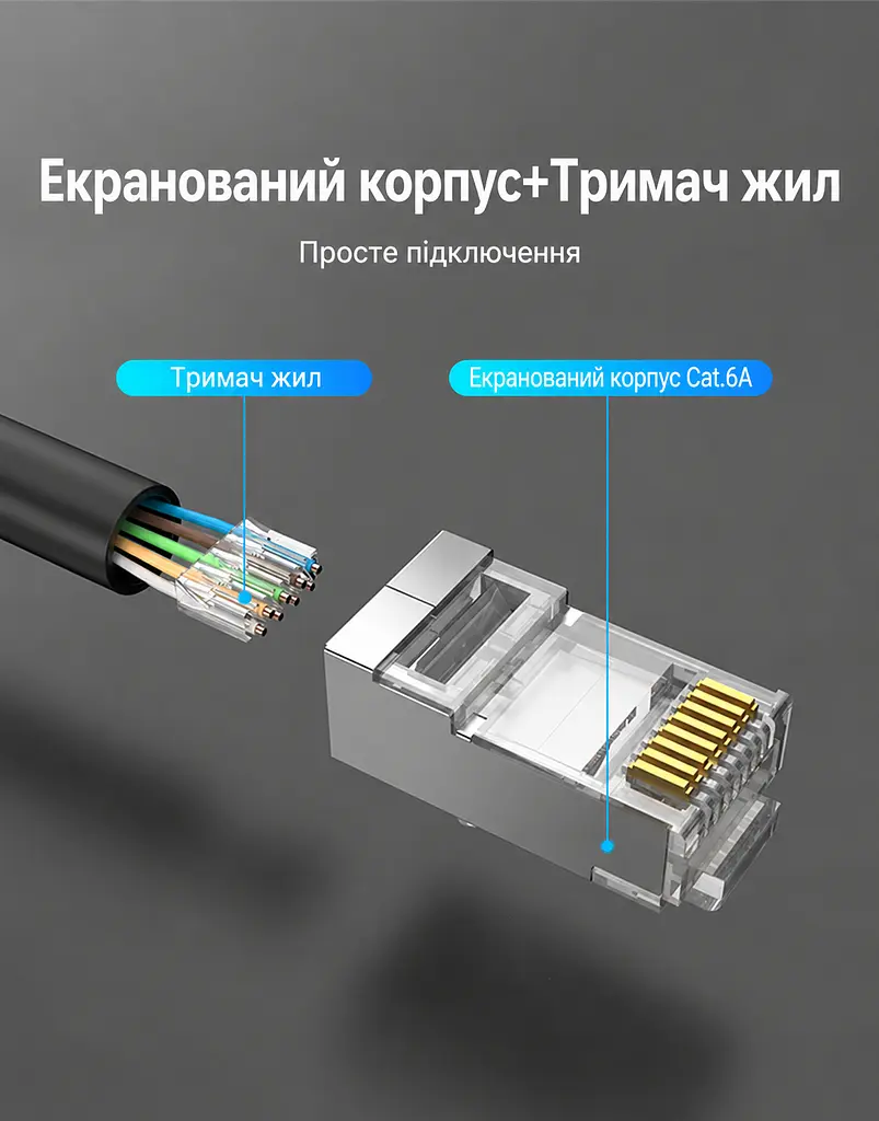 Модульний штекер для обтискання мережевого кабелю Vention 100 конекторів RJ45 Cat.6A FTP для мереж 10 Гбіт/с Для однодротяних і багатодротяних жил 23–26 AWG з діаметром ізольованої жили до 1,1 мм У комплекті 100 пластикових вставок-напрямних для жил Прозорий корпус із золотистими контактами (IDLR0-100) - фото 2