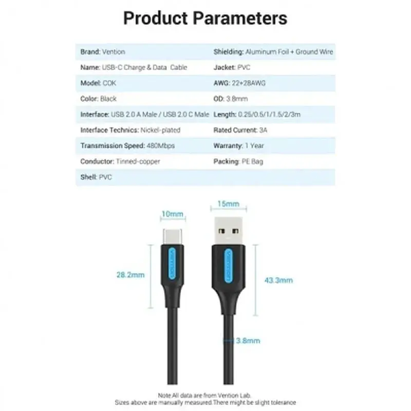 Дата кабель USB 2.0 AM to USB-C 1.5m 3A black Vention (COKBG) - фото 5