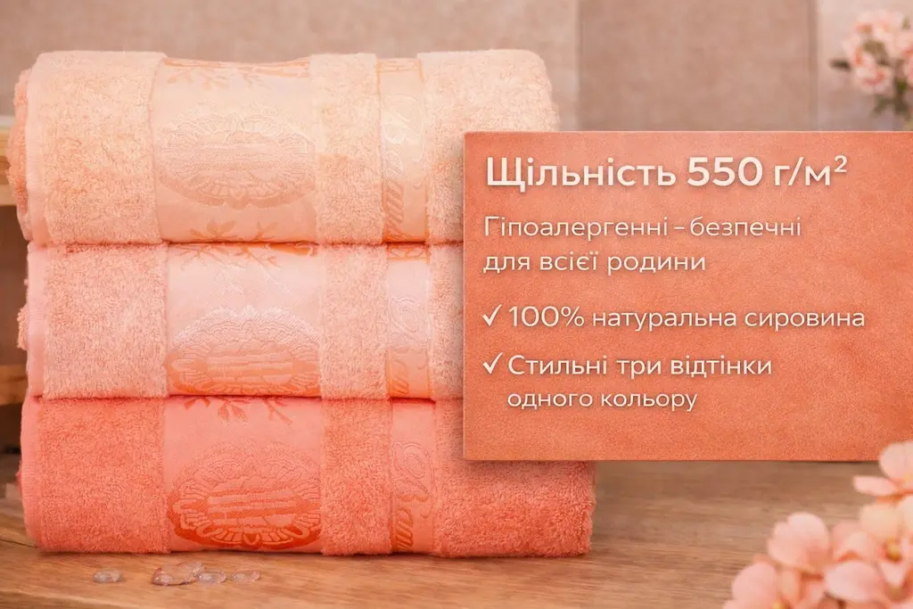 Набір турецьких бамбукових махрових рушників Zeron 3 штуки банні 70х140 Bamboo персиковий - фото 3