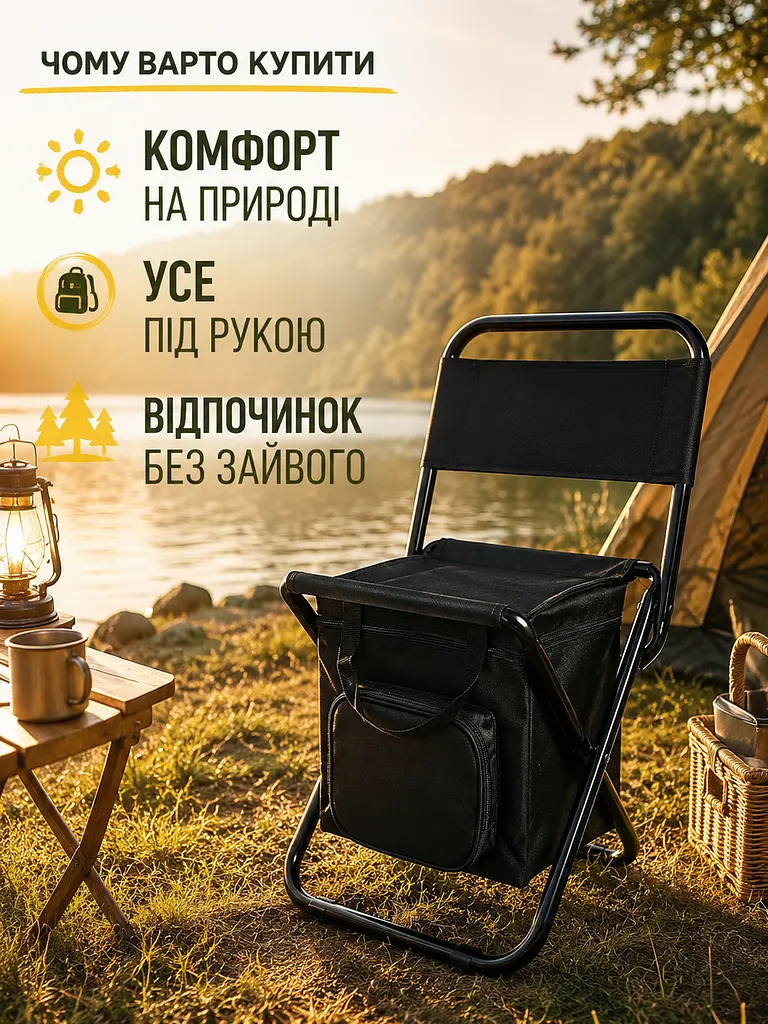 Складаний туристичний стілець із термосумкою до 100 кг 35×28×59 см чорний (49676084) - фото 8