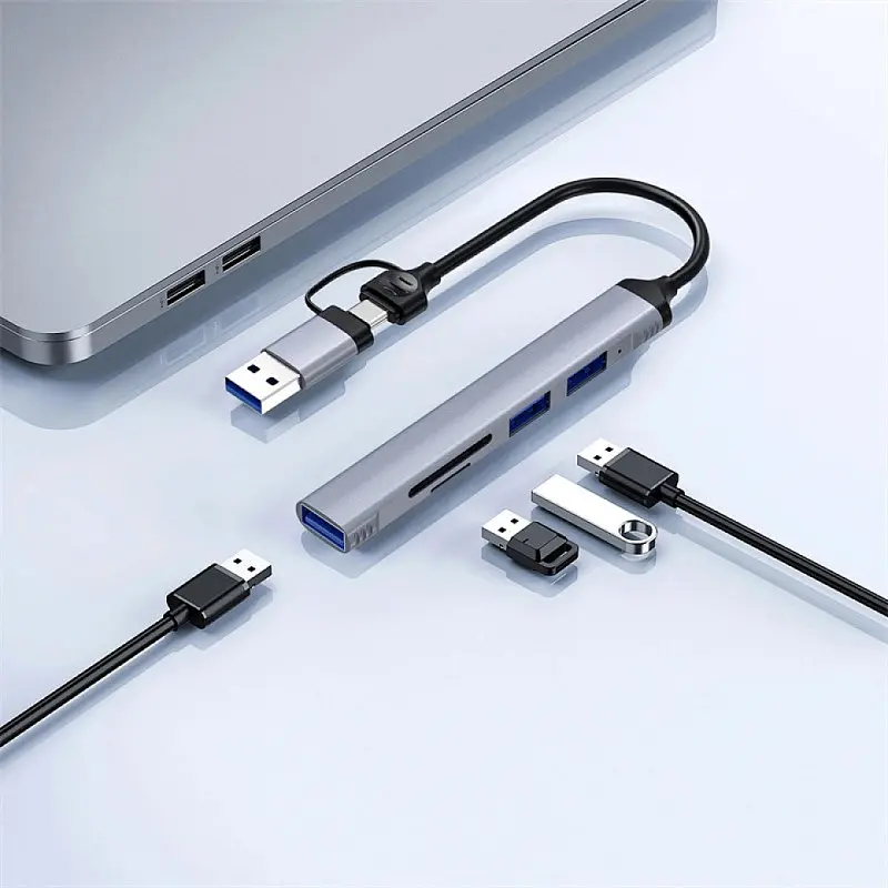 Перехідник HUB WIWU Wi-HB003 ZOLO 5 in 1 (USB-C/USB-A to 2xUSB2.0+1xUSB3.0+SD/TF) Grey - фото 4