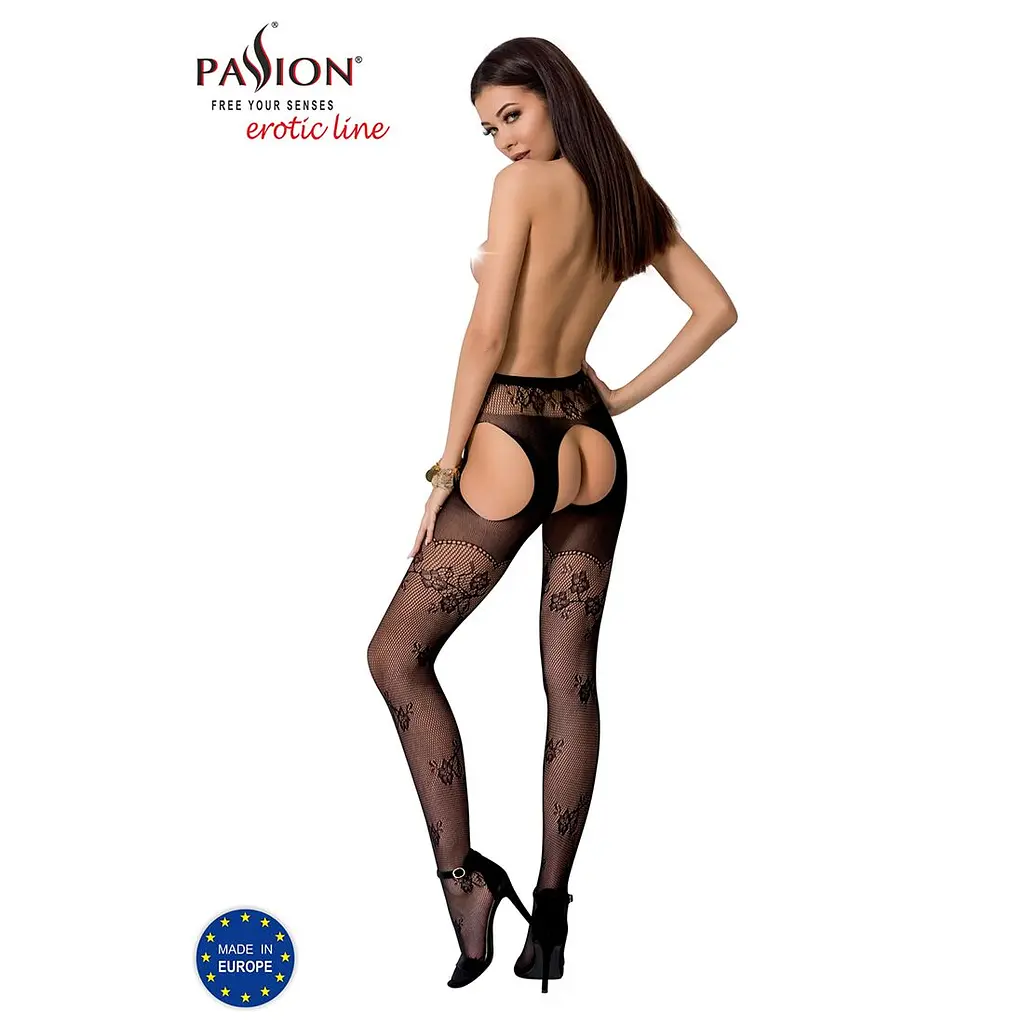 Сексуальні колготки-бодістокінги Passion S022 One Size, Black, імітація панчіх і пояса з гартерами - фото 4