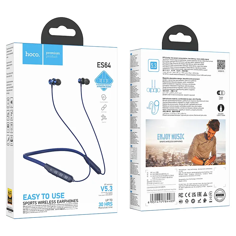 Бездротові спортивні навушники HOCO ES64 Easy Sound sports BT earphones Navy Blue - фото 3