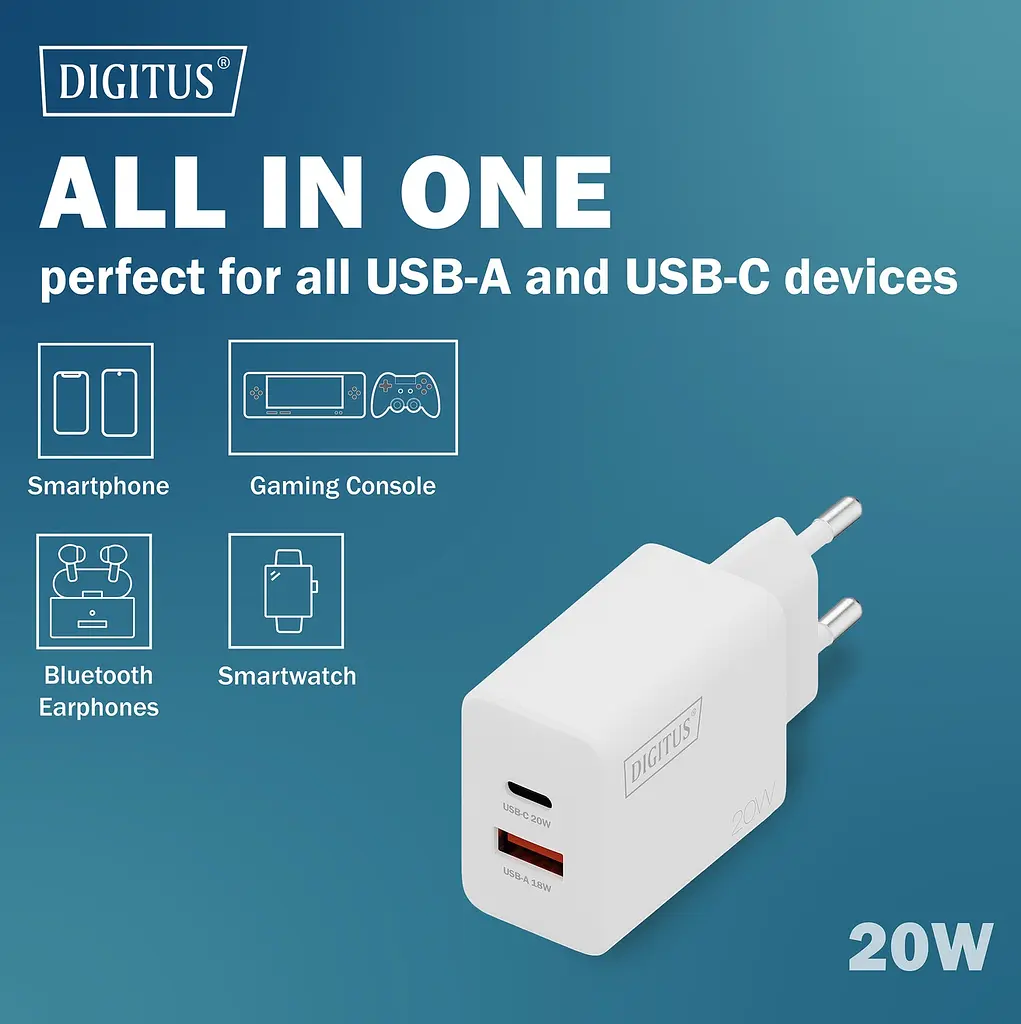 Digitus Зарядний пристрій 1хUSB-C, 1хUSB-A, 20W - фото 5