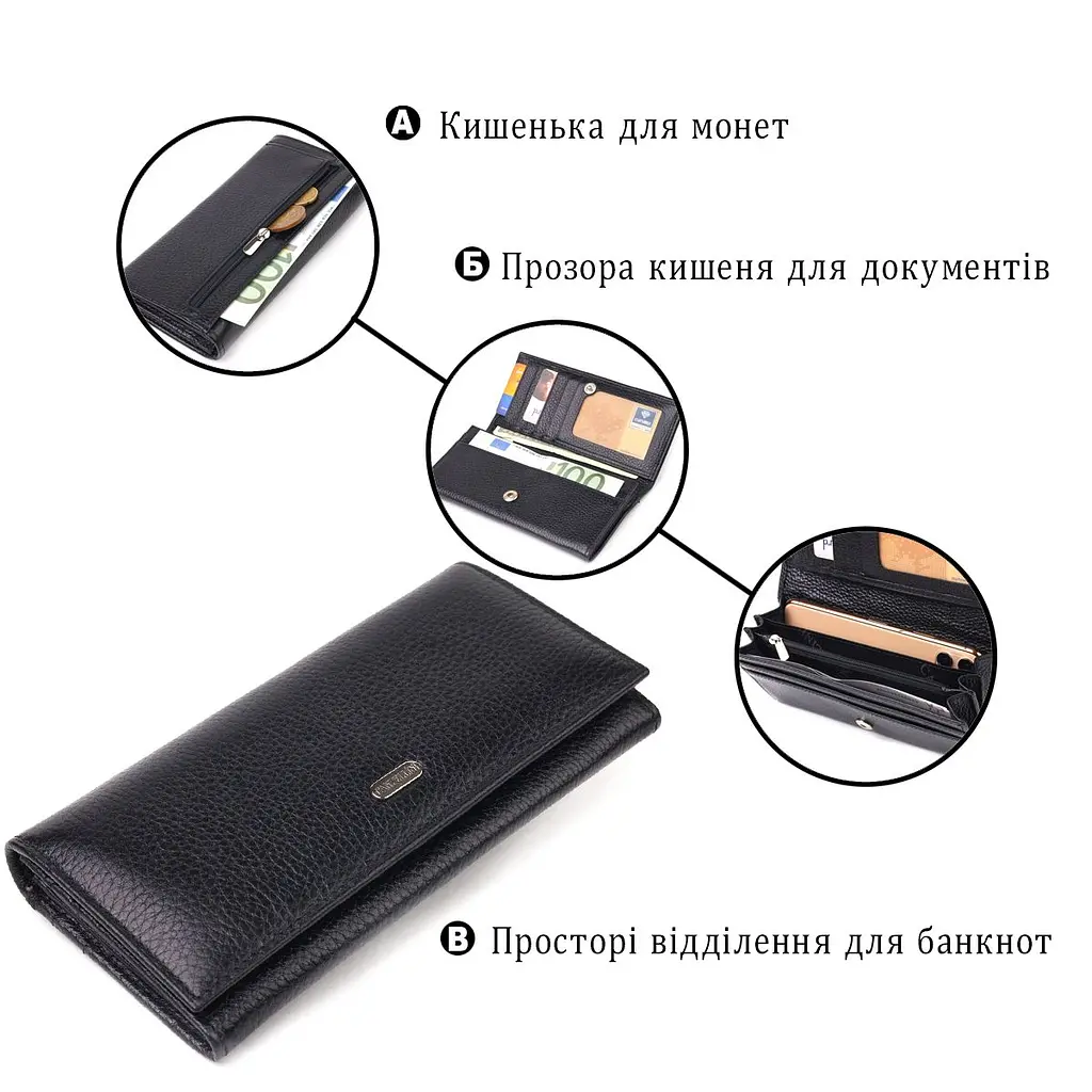 Класичний жіночий гаманець із натуральної зернистої шкіри Canpellini 21658 чорний - фото 6