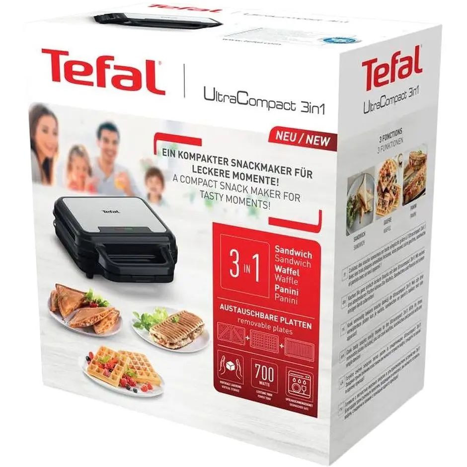 Мультимейкер Tefal UltraCompact 3в1 700 Вт тефлон 3 пластины корпус металл/пластик черно-серый (SW383D10) - фото 6