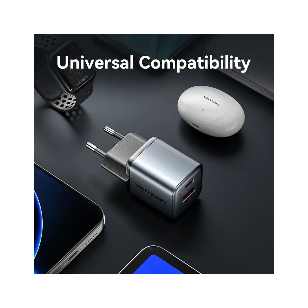 Зарядний пристрій Vention 1xUSB-C PD 30 Вт + 1xUSB QC 3.0 18 Вт GaN сірий (FEWH0-EU) - фото 10