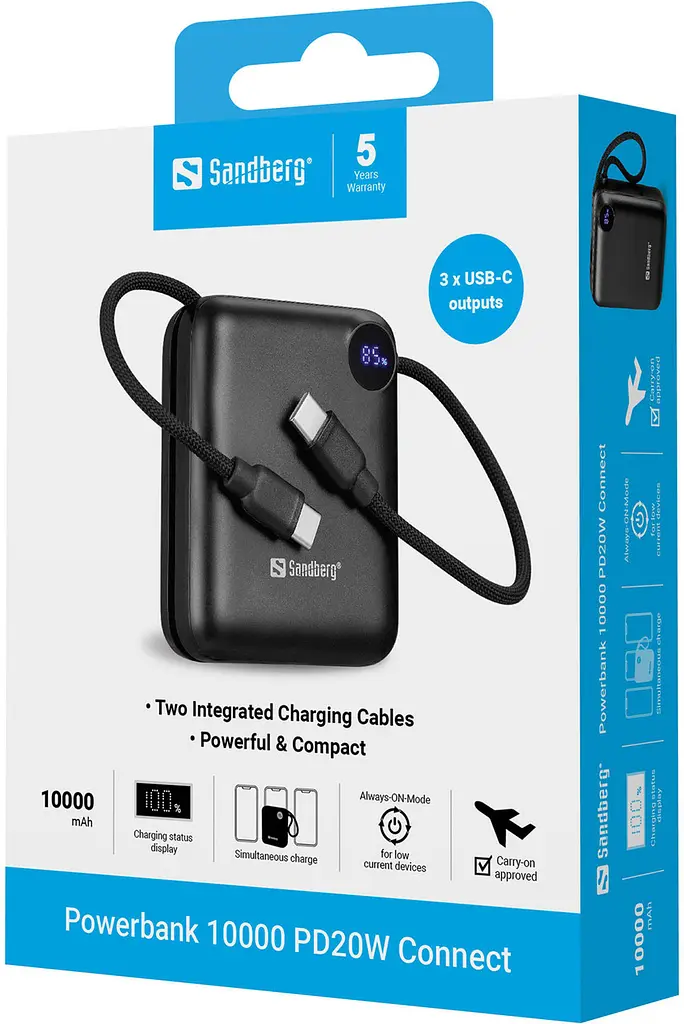 Універсальна мобільна батарея Sandberg 10000mAh 20W PD, QC3.0, USB-C In/Out, PowerThru, with built-in 2xUSB-C cables - фото 6