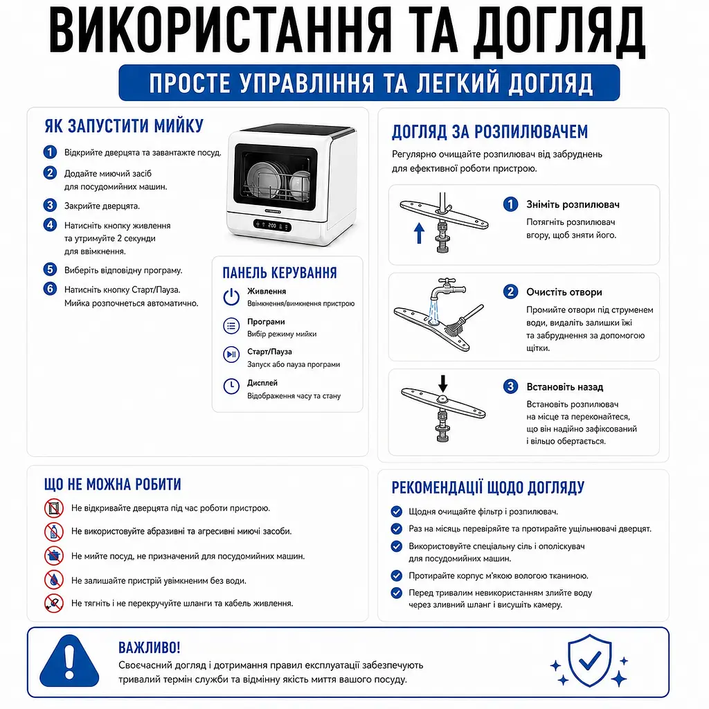 Настільна автоматична посудомийна машина 36 л 800 Вт з функцією сушіння - фото 15