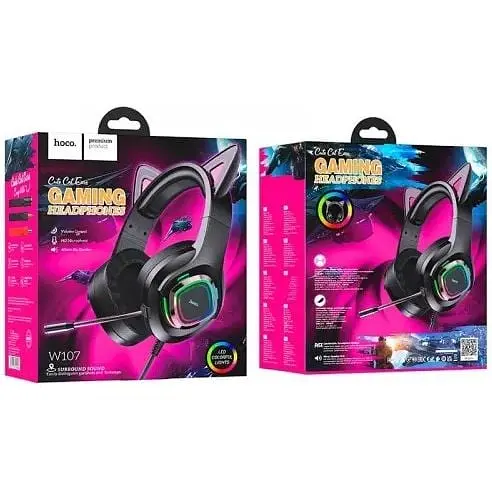 Навушники Hoco Cute Cat Luminous Cat Ear Gaming Headphones W107 рожеві вставки 6931474791252 - фото 2