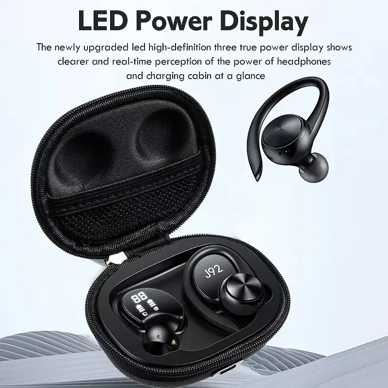 Беспроводные спортивные Bluetooth наушники TWS J92 c тканевым зарядным кейсом, сенсорами управления чёрные - фото 3
