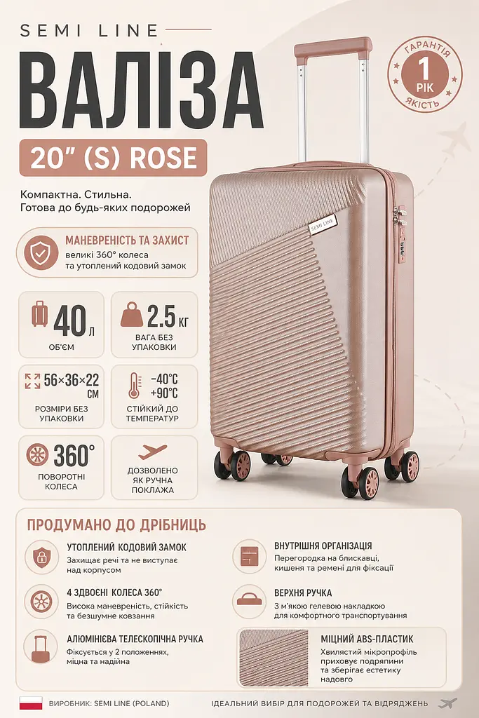 Валіза маленька Semi Line T5758-2 ABS-пластик 20 дюймів 40 л Rose - фото 3