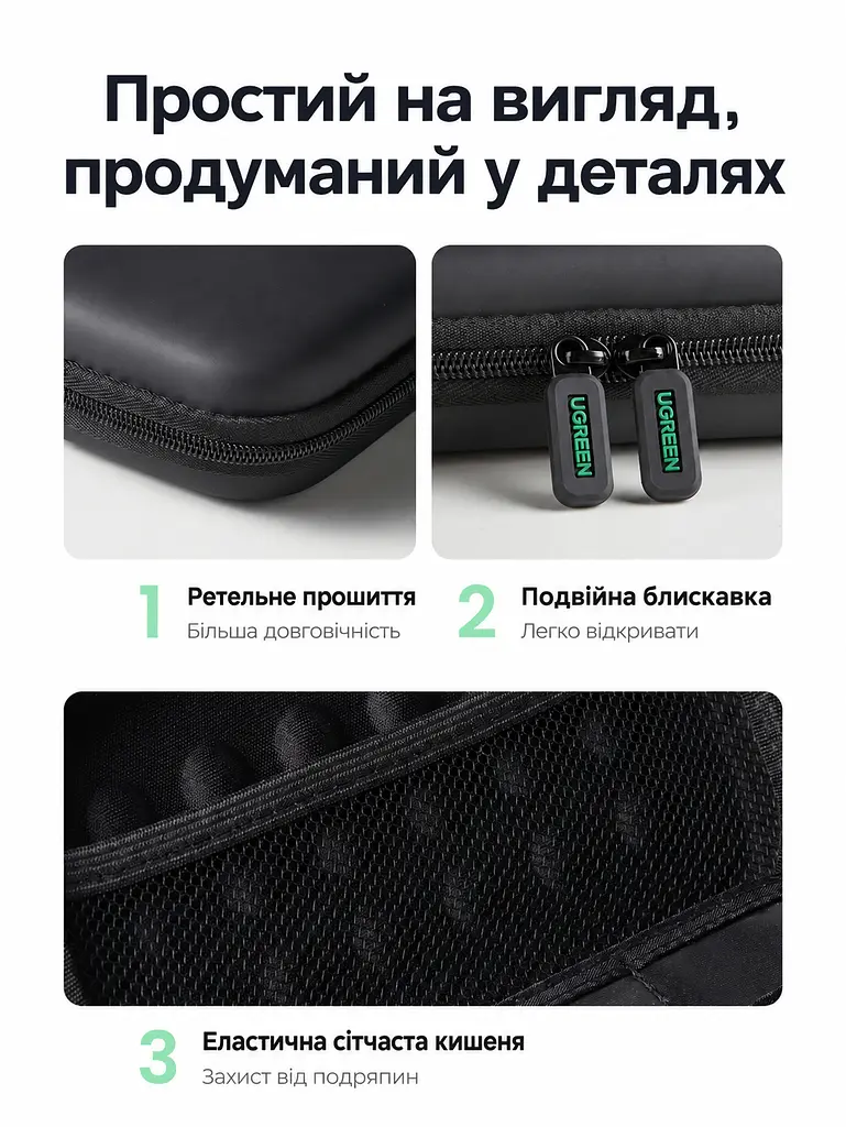 Защитный футляр для жёсткого диска и аксессуаров UGREEN LP128 малый 16,5 × 9,5 × 4,5 см органайзер для накопителя 2,5″ с защитой от брызг с оболочкой EVA и противоударной подкладкой с эластичными фиксаторами с сетчатым карманом для кабелей с мягкой перегородкой чёрный (40707) - фото 5