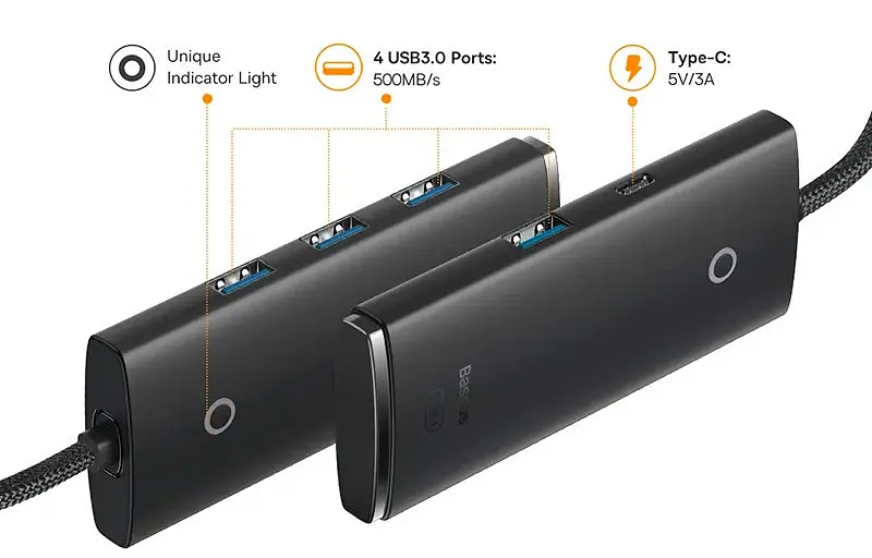 Концентратор - USB-хаб Baseus Lite Series 4-Port USB-A HUB Adapter (USB-A to USB 3.0*4) 2 метри чорний WKQX030201 - фото 5