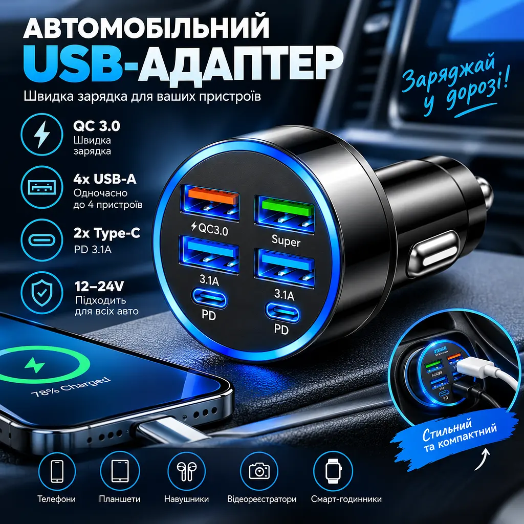 Автомобільний зарядний пристрій 6-в-1 PowerHub 100Вт (4USB + 2PD) - фото 2