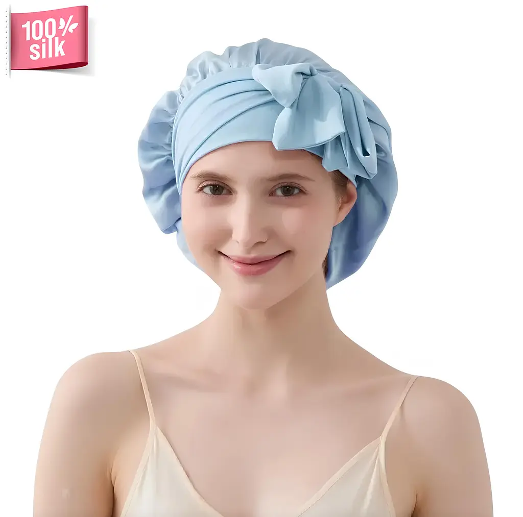 Шовкова жіноча шапка для сну великого розміру MaryuPHair 100% шовк мульбері з регульованою гумкою та бантом (блакитний)