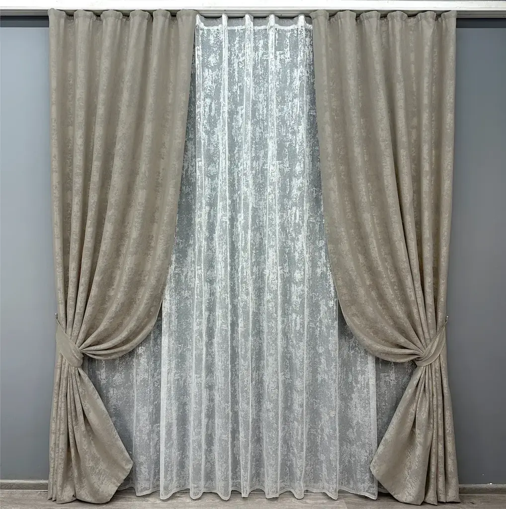 Комплект штор з тюлем VR-Textil Жакард Мармур, капучино з білим, 2 штори 100×270 см + тюль 300×270 см, арт. 71-004/1