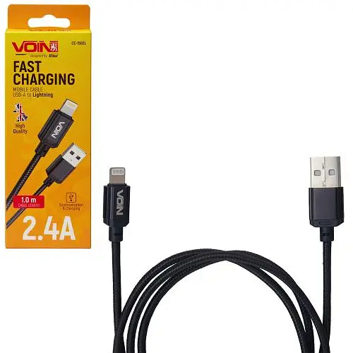 Кабель VOIN CC-1502L USB - Lightning 2.4А, 1m, black (швидка зарядка/передача даних)