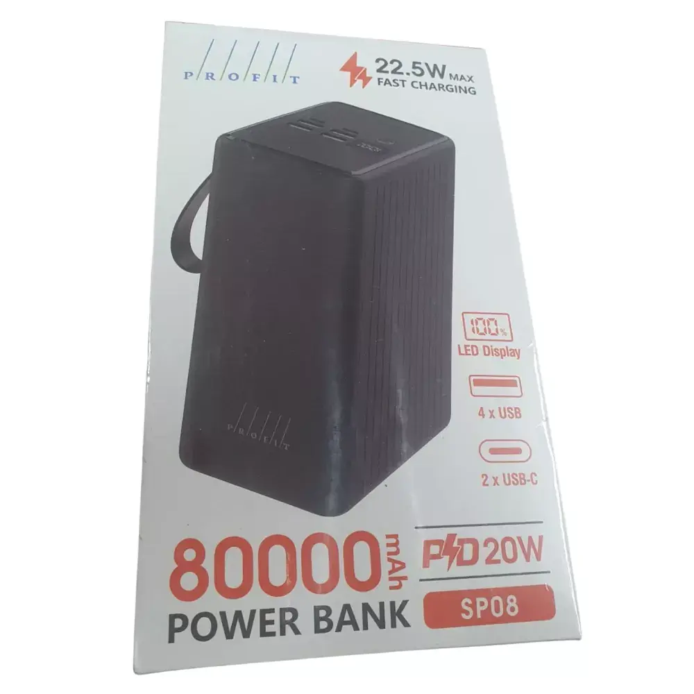 Аккумулятор портативный Profit SP08 80000mAh 22.5W + PD 20W LED внешняя батарея черная с фонариком - фото 3