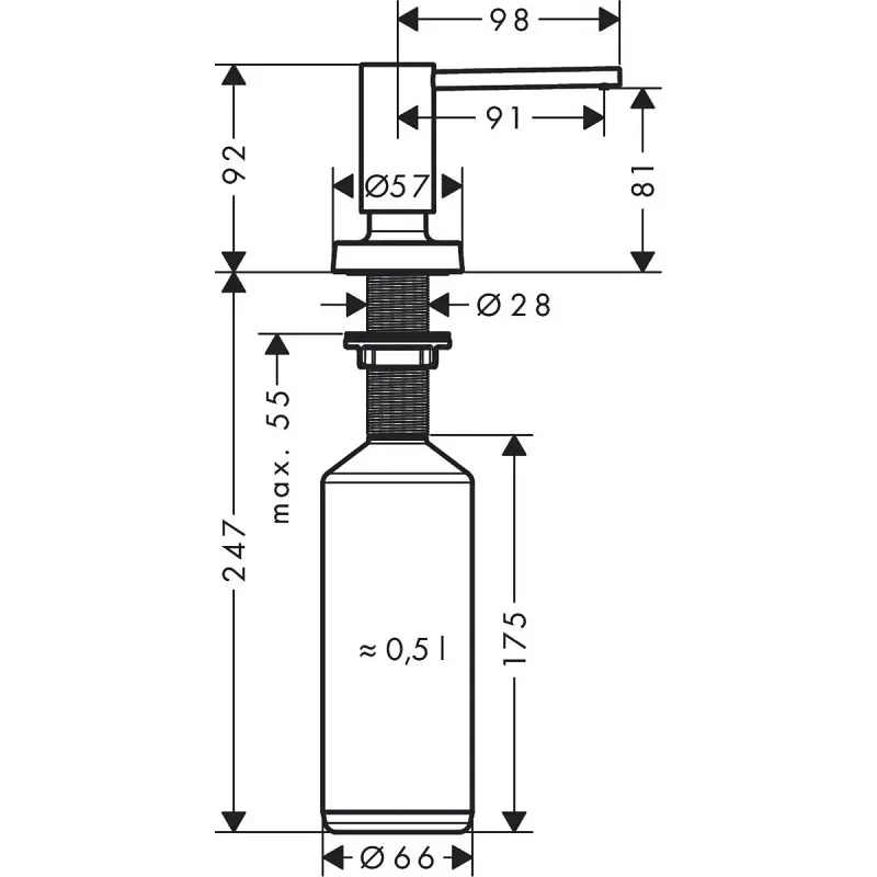 Дозатор кухонний Hansgrohe A51 500 ml врізний Stainless Steel Finish 40448800, Нержавіюча сталь - фото 3