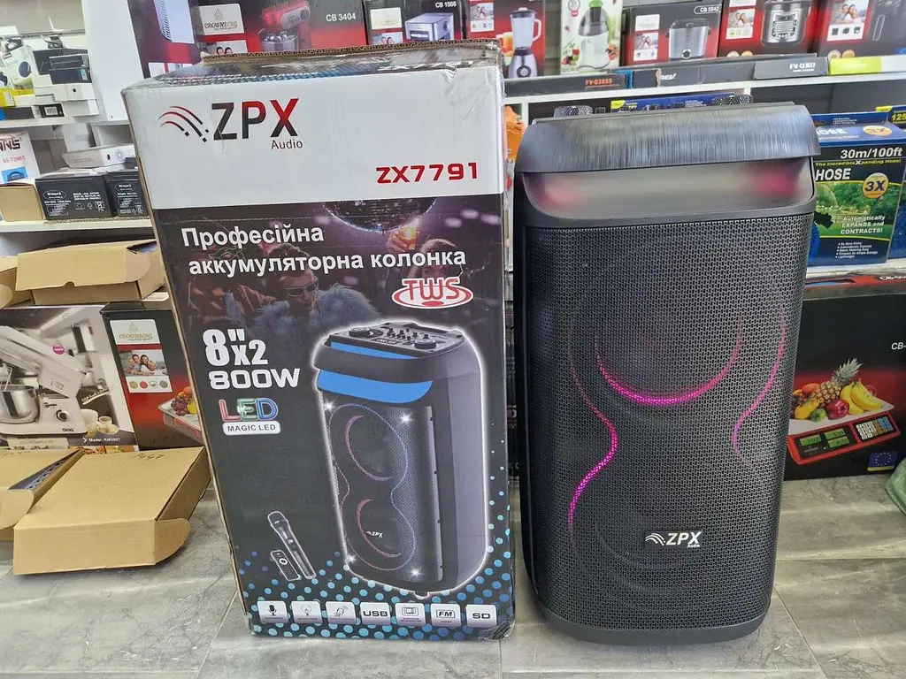 Музыкальная портативная Вluetooth колонка ZPX Audio ZX7792 RGB подсветка 2х10" Микрофон Пульт 1000Вт Черный - фото 3