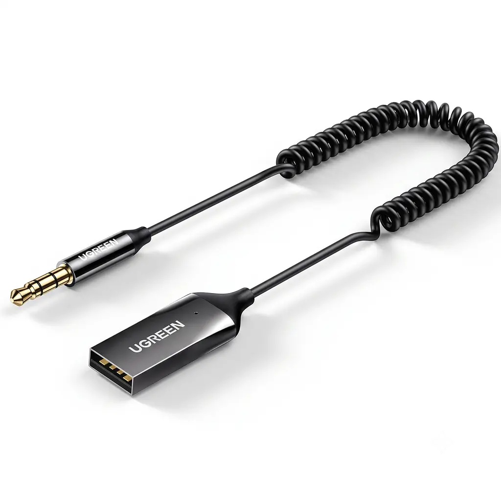 Автомобільний аудіоприймач UGREEN CM309 Bluetooth 6.0 аудіовихід AUX 3,5 мм потрібне живлення через USB-A з мікрофоном для гучного зв'язку підключення 2 пристроїв із відтворенням з одного автоматичне повторне підключення кодеки SBC/AAC спіральний кабель до 1,5 м дальність до 10 м без перешкод чорний (70601)
