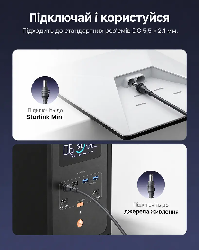 Кабель живлення для Starlink Mini Vention 10 м DC 5,5 × 2,1 мм сірий (FDUHL) - фото 3