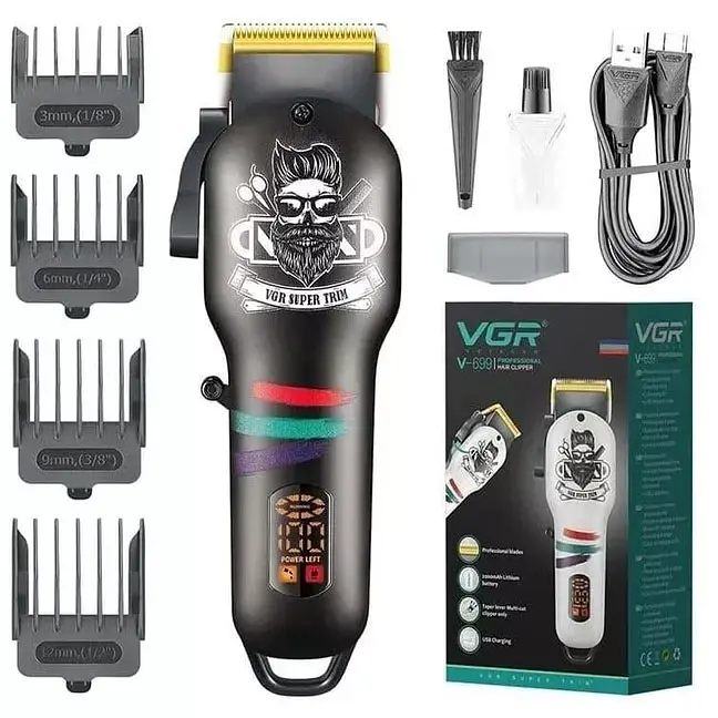 Машинка для стрижки волосся VGR V-699 LED-дисплей акумуляторна 4 насадки 5W Black - фото 3