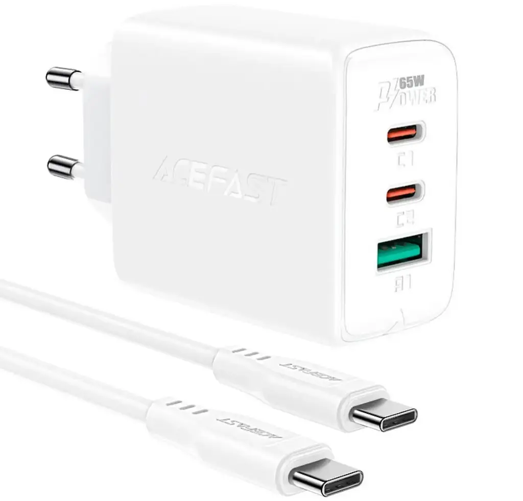 Мережевий зарядний пристрій Acefast A13 Fast Charger PD 65W 2×Type-C / 1×USB з кабелем Type-C to Type-C - White