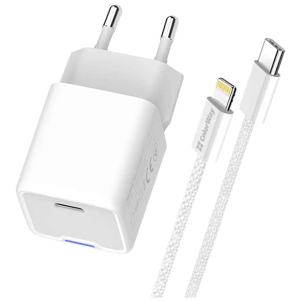 Зарядний пристрій ColorWay C101D GaN Mini 20 Вт PD PPS USB-C + кабель USB-C — Lightning білий (CW-CHS059PDL-WT) - фото 3