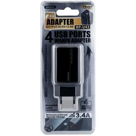 Мережевий зарядний пристрій Remax RP-U43 Wanfu 3.4A 100-240V / 4USB EU Чорний - фото 2