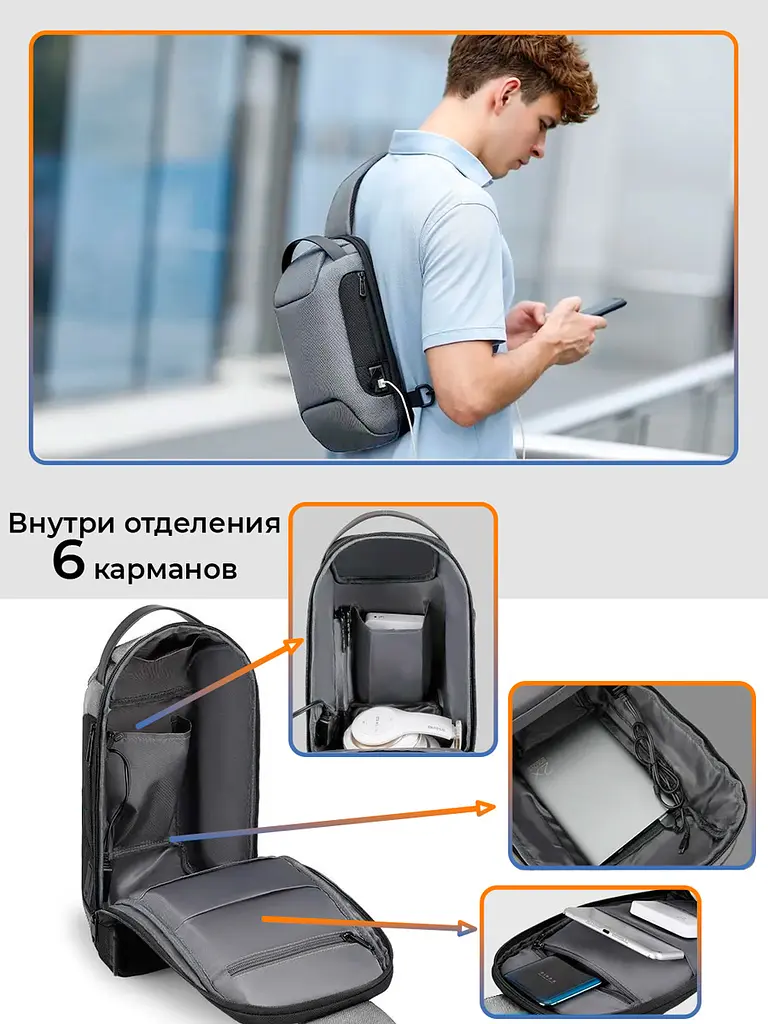 Рюкзак городской Mark Ryden 7116 на одно плечо с кодовым замком USB 8 л серый (16259) - фото 5