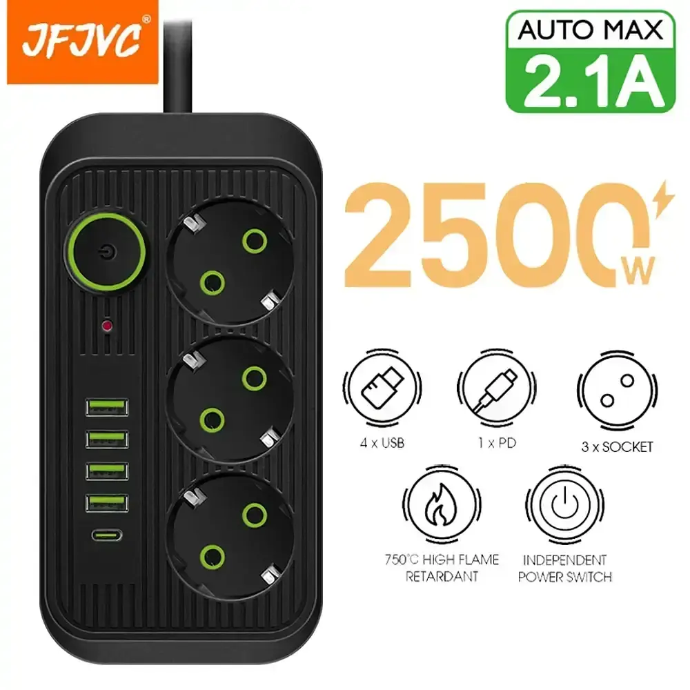 Мережевий фільтр живлення UA Power Socket F09U 3 розетки +4USB +Type-C Port 2m, мережевий подовжувач розеток - фото 2