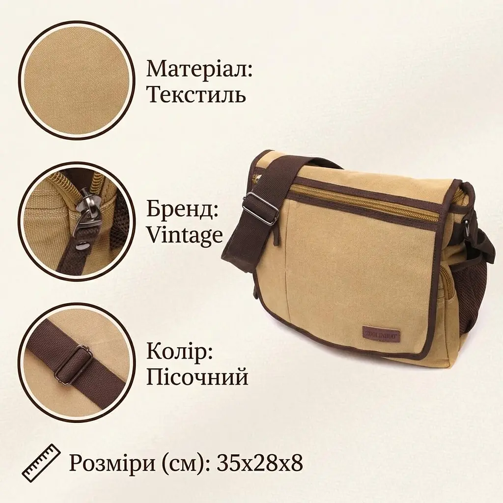 Практична сумка через плече для ноутбука 13" із щільного текстилю Vintage 22202 пісочний - фото 3
