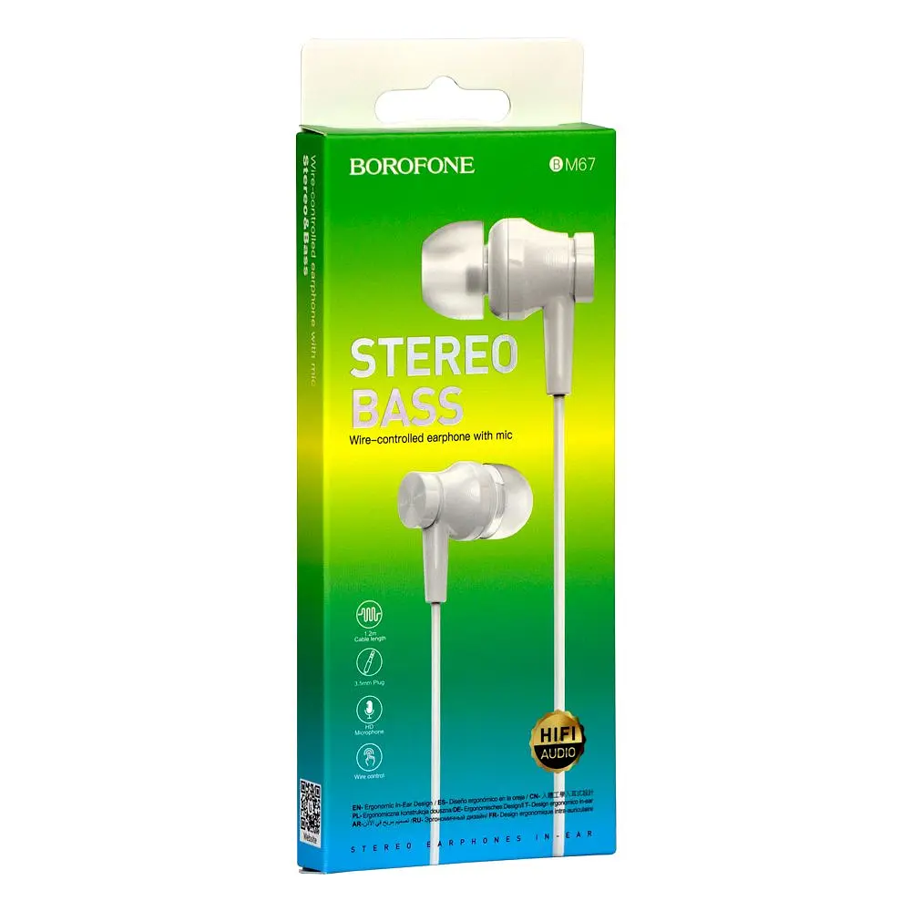 Проводные наушники вакумные с микрофоном Borofone 3.5 mm BM67 Stereo Bass 1.2 m White - фото 2