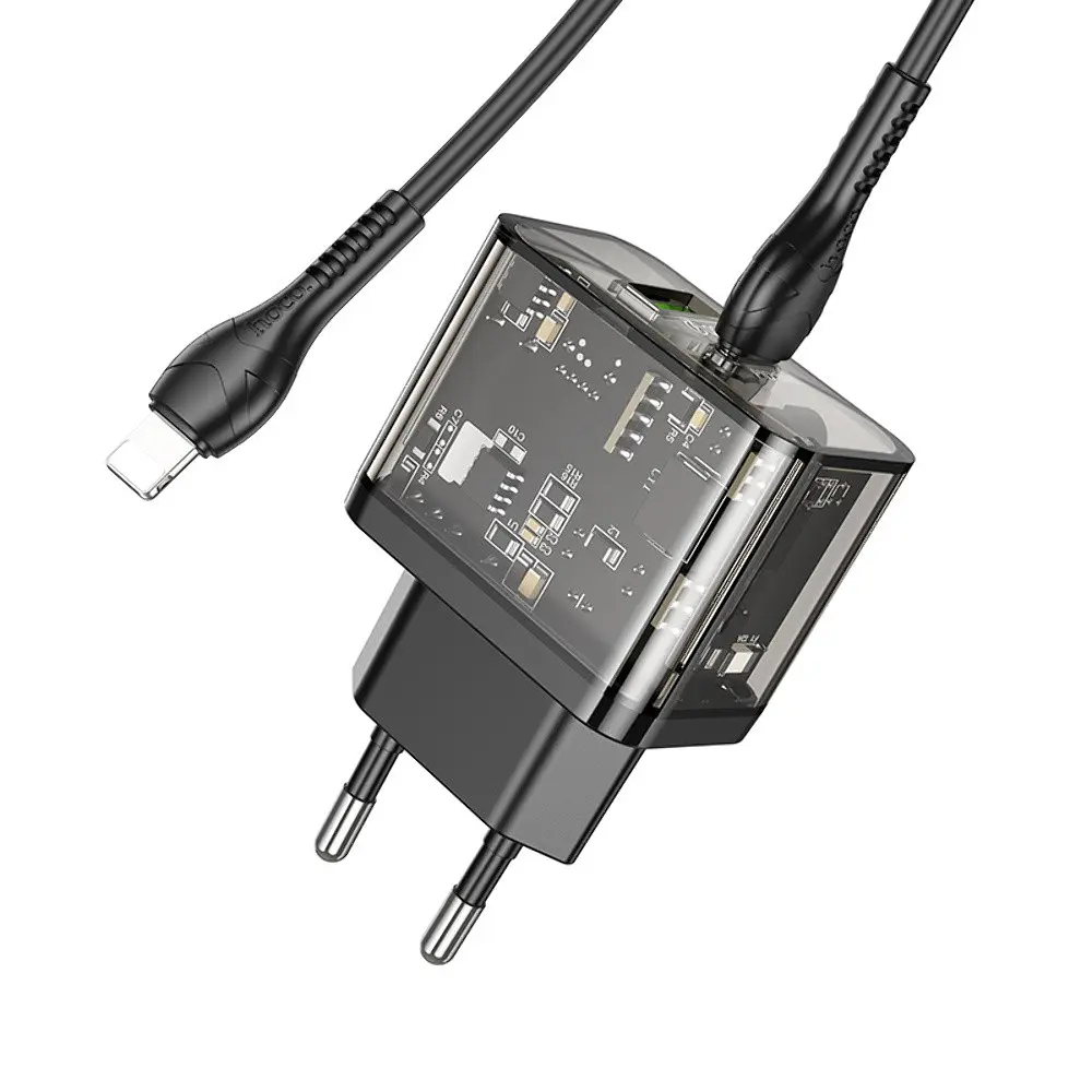 Зарядний пристрій Hoco N34 USB/ Type-C QC PD 20W прозоро-чорний + кабель Type-C to Lightning - фото 5