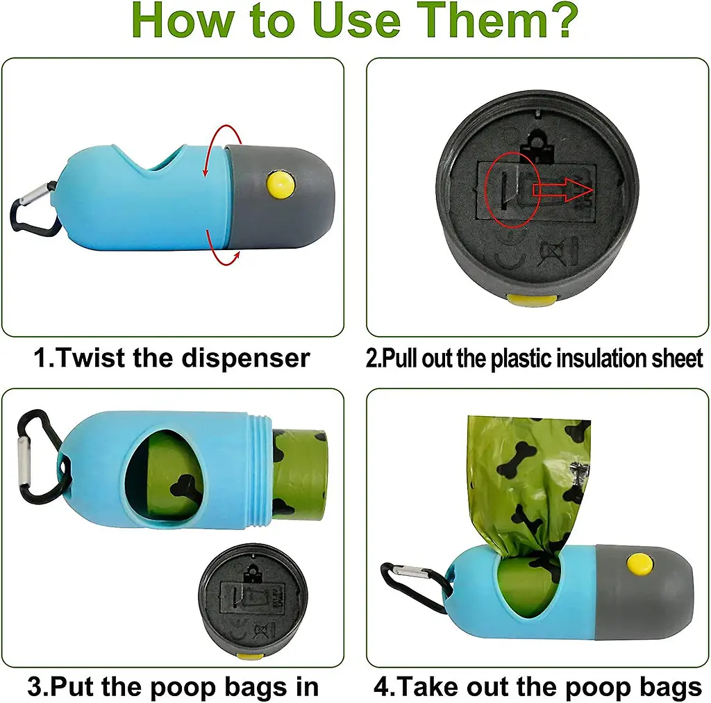 Диспенсер для пакетів із ліхтариком Dog Poop Bag Holder with Flash Light синій 1 рулон у комплекті - фото 4