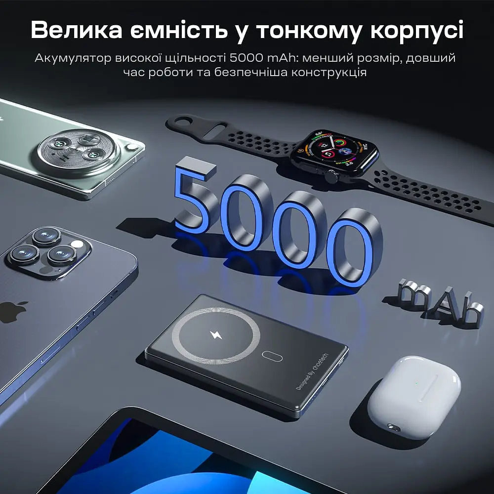 Повербанк 5000mAh Choetech B738 Black QC3.0 PD3.0 бездротова магнітна зарядка (43-00161) - фото 6